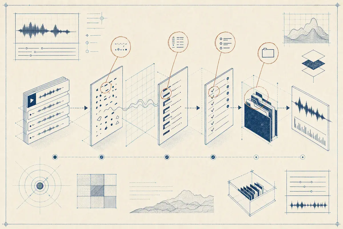 Technical blueprint showing playlist records passing through normalization and validation checkpoints into matched music folders.
